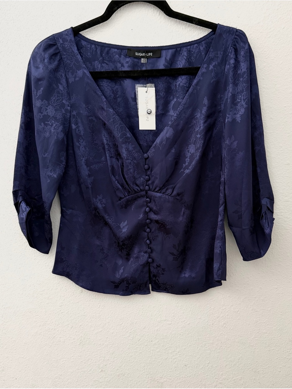 Sugarlips Deep Navy Satin Floral V-Neck Button Blouse